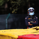 Juri Vips after his car stopped on track during Formula 2 qualifying at Spa.